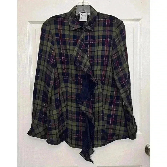 Finley Tops - FINLEY Plaid Ruffle Button Down with Gold Thread | size small